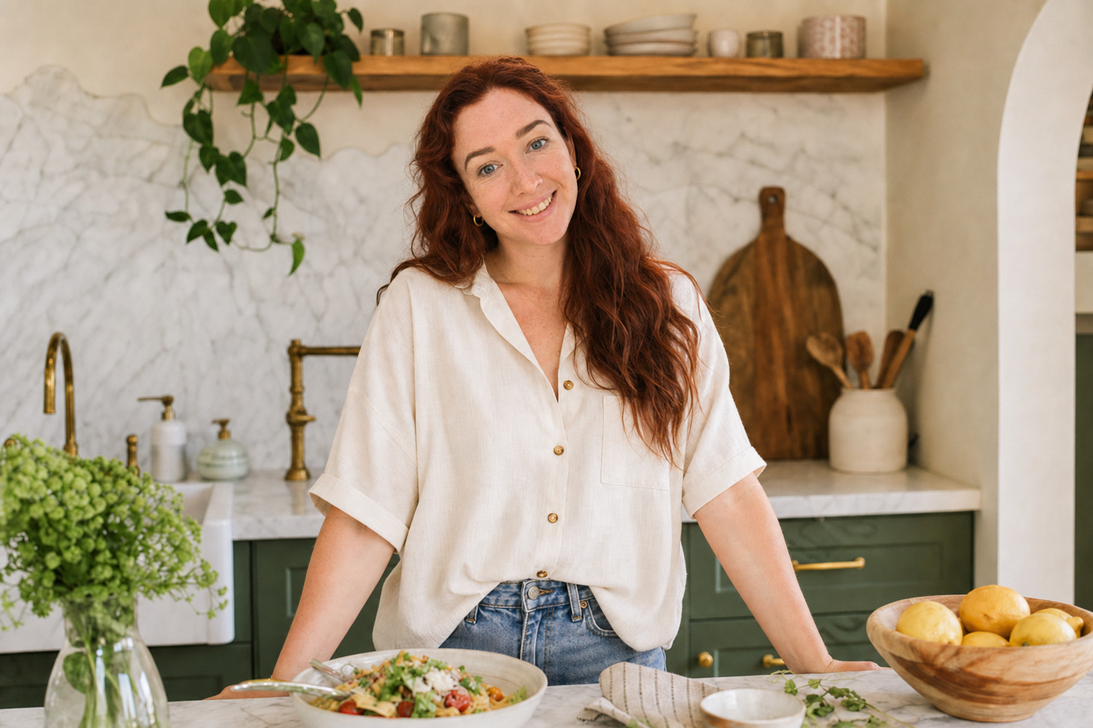 Lea, creator of Gingerly Kitchen, in a warm, sunlit kitchen